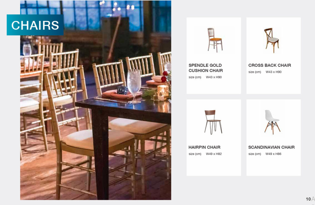 "Discover our collection of rental chairs, designed to enhance comfort and style at your next event. From classic banquet chairs to modern lounge seating, find the perfect match for any gathering."