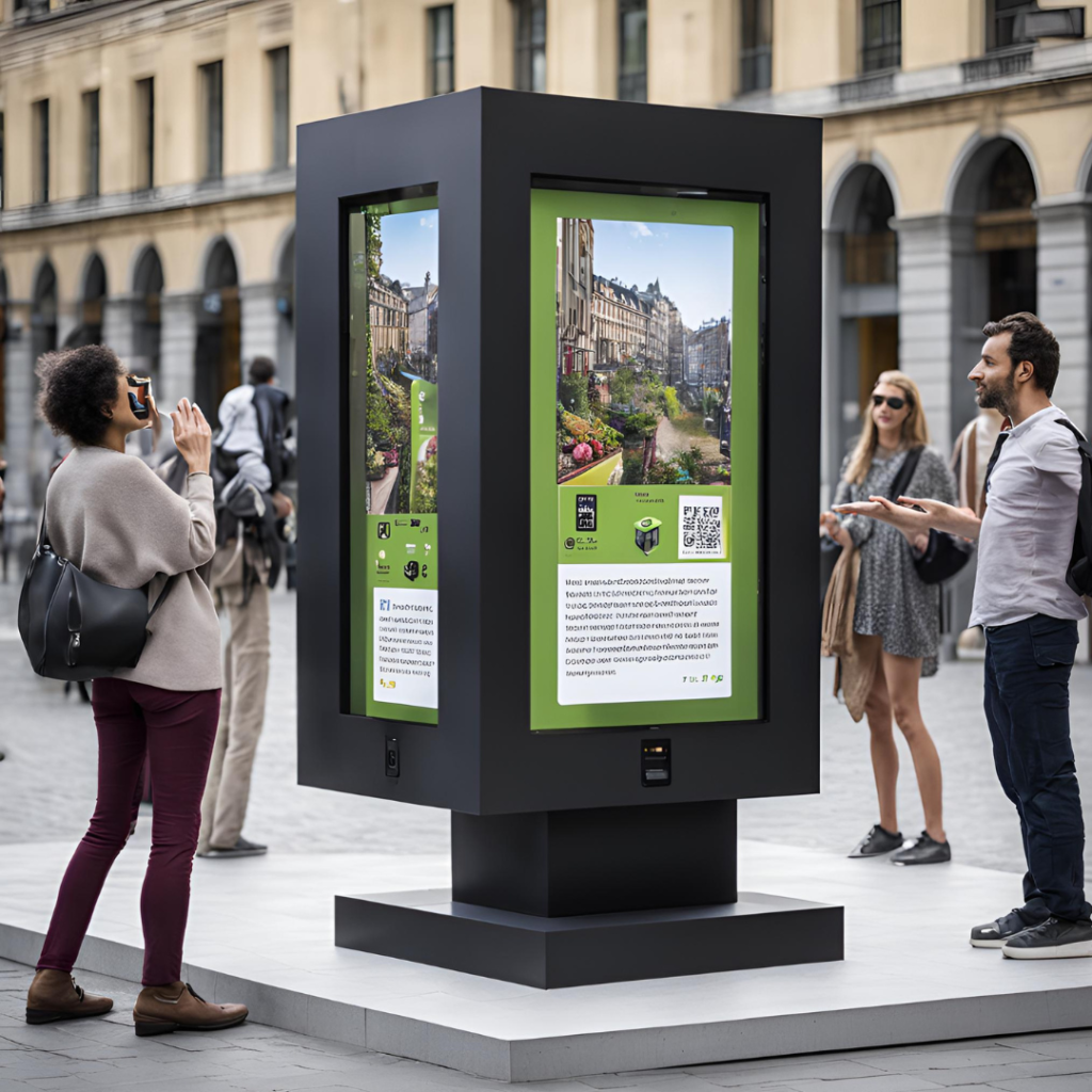 Interactive advertising sculpture by Lavender Cube in a busy urban setting, engaging passersby with touchscreens and QR codes.